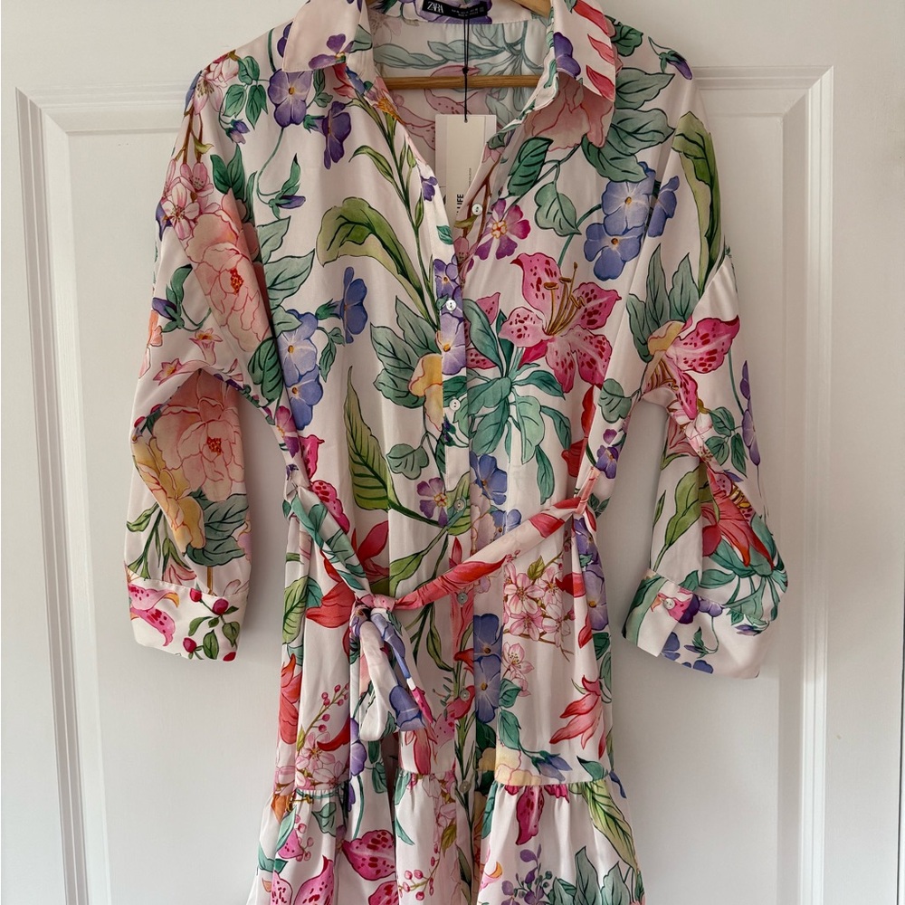 NWT Zara Ladies Multicolor Floral Shirt Dress with Belt Sz XL